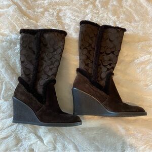 Coach Dark Brown Signature Wedge Boots
